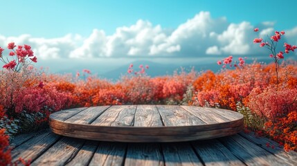 A podium table placed on a nature field of colorful flowers under the bright sun.