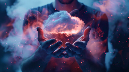 A person is holding a cloud in their hands. The cloud is surrounded by smoke, giving it a mystical and ethereal appearance. Concept of wonder and awe