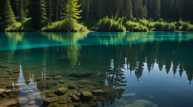 Panoramic Image of Picture Lake Forest and Transparent Clean Turquoise Colored Water. Pristine Water Reflections of Tree Shadows.generative.ai
