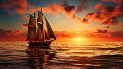 Obraz premium Sailboat with a full sail against a setting sun