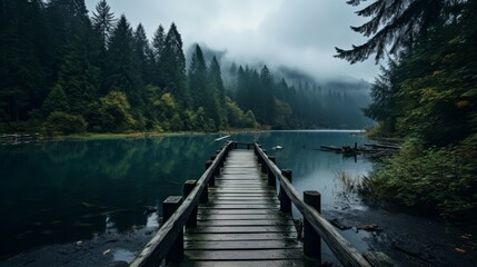 Secluded wooden pier on a tranquil lake - obrazy, fototapety, plakaty