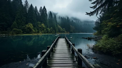 Kissenbezug Secluded wooden pier on a tranquil lake © Anuwat