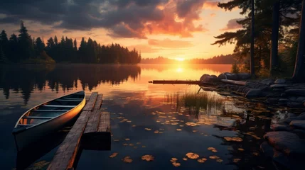 Zelfklevend Fotobehang Serene lake dock at sunrise with a canoe © Anuwat