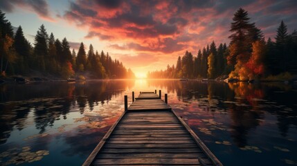 Serene lake dock at sunrise with a canoe
