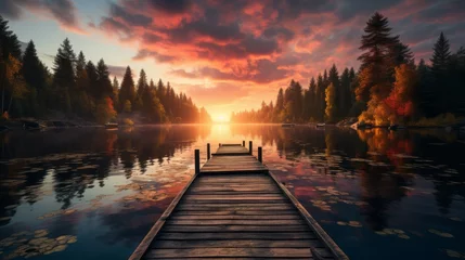 Schilderijen op glas Serene lake dock at sunrise with a canoe © Anuwat