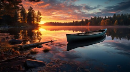 Serene lake dock at sunrise with a canoe - obrazy, fototapety, plakaty