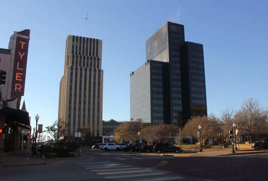 Tyler, TX - January 3, 2024: Buildings located in downtown Tyler, TX
