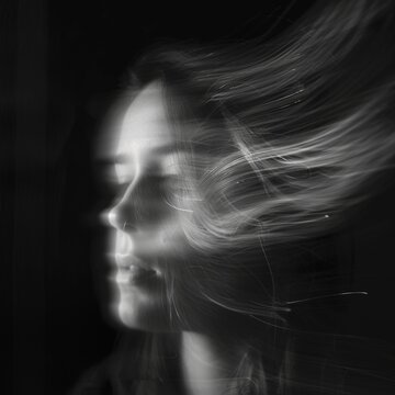 Abstract black hair on blurred human figure - An artistic black and white image capturing the motion of flowing black hair with a blurred human figure behind