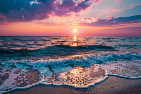 Serene beach sunset with gentle waves - Tranquil waves wash ashore as the sun sets, casting warm colors across the sea and beach
