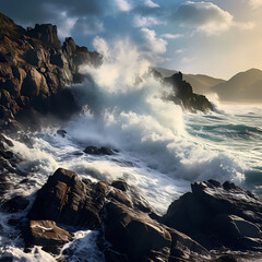 Waves crashing against rocky cliffs along the coast