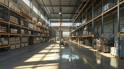 Organized modern warehouse interior showcases efficiency in logistics and supply chain management