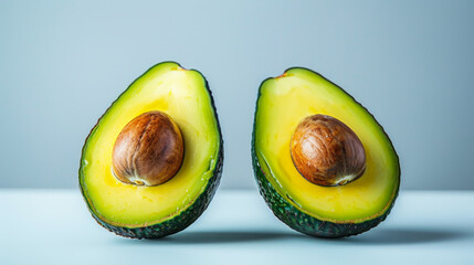 Close-up of an avocado on a gray background. Bright vegetable. Two halves of an avocado. Food concept, healthy lifestyle.