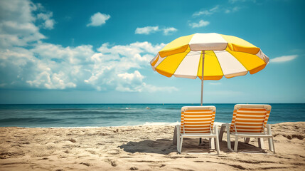 Beach summer on an island vacation holiday relax in the sun with deck chairs under a yellow umbrella. Idyllic travel background.
