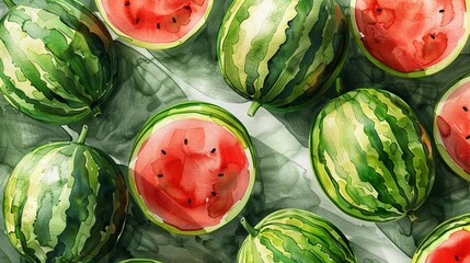 Craft a vibrant seamless pattern with 3D watermelons in watercolor, turning ordinary items into summery masterpieces - obrazy, fototapety, plakaty