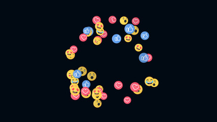 An explosion pop of positive reaction emojis on Social media platforms. Concept reacting to a popular and viral post or video. Graphic effects.
