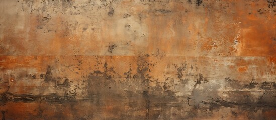 A close up of a rusty wall with various stains resembling a pattern. The brown colors blend in with...