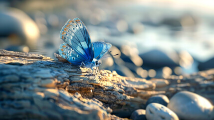 A bright butterfly on a log near a calm sea. A blue butterfly enjoy the silence by the sea. Nature...