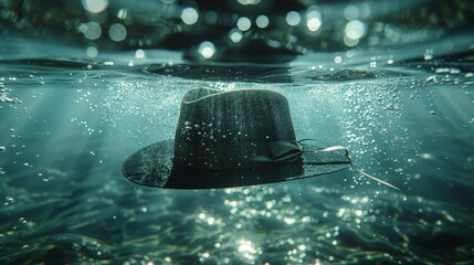 Submerged black bowler hat with bubbles underwater blue tones