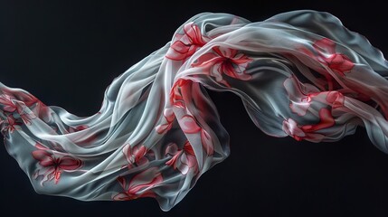 Graceful red floral pattern on sheer white fabric floating on dark background
 - obrazy, fototapety, plakaty
