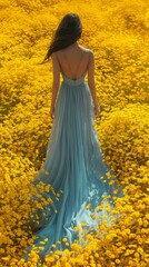 A graceful woman in a blue gown is surrounded by a vibrant field of yellow flowers, exuding serenity and natural beauty.