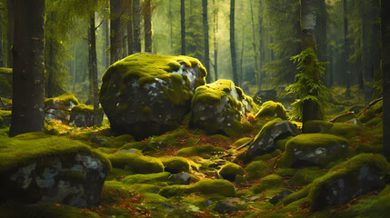 green forest, moss stones