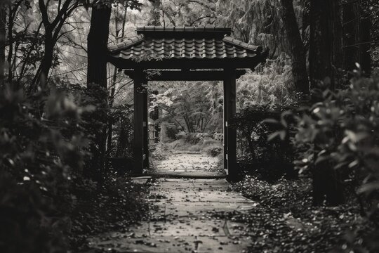 Monochrome traditional Japanese gate and path - Captivating black and white image of a traditional Japanese gate leading to a mystical garden path surrounded by trees