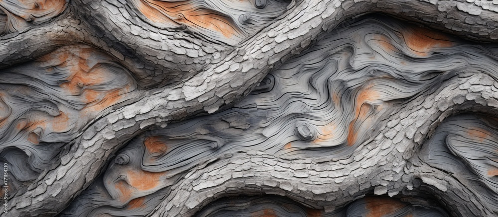 Poster a detailed closeup of a tree trunk with intricate roots emerging from it, showcasing the natural art