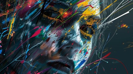An abstract image of a persons face with colorful paint splatters and lines portraying the idea of selfdiscovery and transformation on this indie pop album.