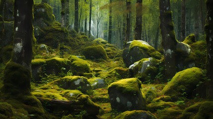 green forest, moss stones