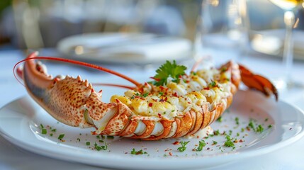 Gourmet stuffed lobster on a white plate with fresh herbs and spices in a fine dining setting
