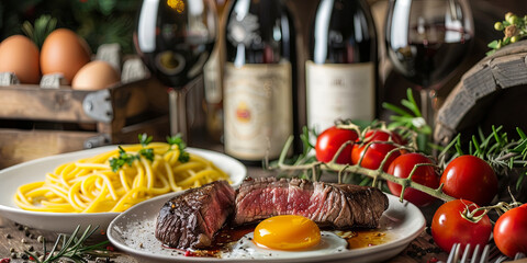  steak and eggs with pasta on the table and wine bottles in the background, generative AI