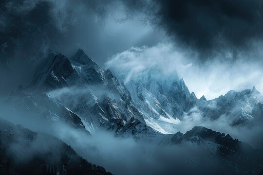 Fototapeta Mysterious clouds over mountains in Alaska. Snowy mountains surrounded by clouds, with dark blue and white tones, in a top view with backlighting, using high contrast with a telephoto lens. 