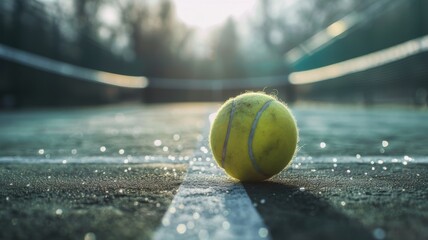 Morning light on a tennis ball on the court - An early morning scene shows a tennis ball illuminated by sunlight, emphasizing its texture on a dew-covered court