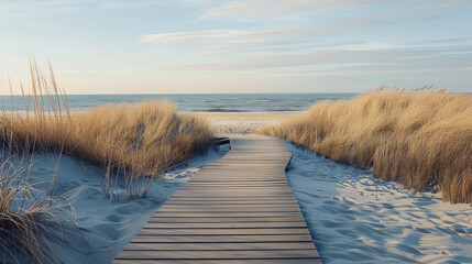 A wooden path leading to the sea with wild grass on either side. Natural landscape. Sea view. Nature concept.