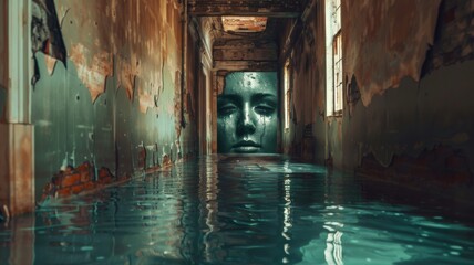 Abstract face behind water in decayed hallway - A haunting image featuring a ghostly face behind water in a decaying, abandoned hallway