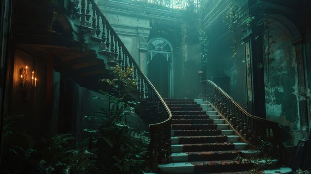 Mysterious old mansion with a grand staircase - An eerie, desolate mansion with an imposing staircase and decaying walls invokes a sense of mystery and timelessness