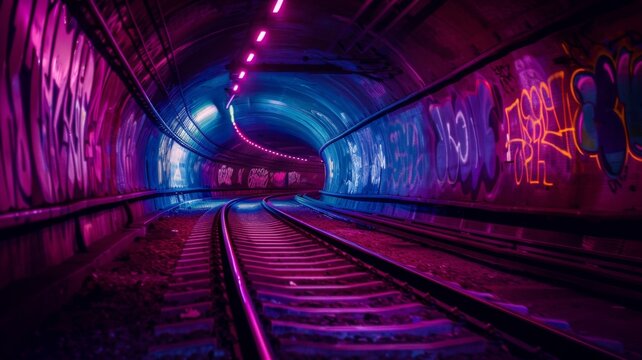 Neon-lit train tunnel with colorful graffiti - A vivid train tunnel bathed in neon lights, adorned with vibrant graffiti stretches out into the distance