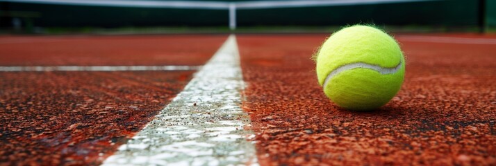 Close-up tennis ball on red court line - A macro shot of a yellow tennis ball placed on the white line of a red clay court, depicting the game's precision - obrazy, fototapety, plakaty