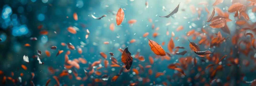 Autumn leaves swirling in a vibrant dance - A dynamic image capturing the essence of fall with leaves swirling in the air amid a flurry of bright, bokeh light