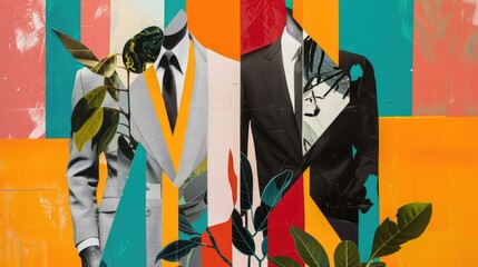 Avant-Garde Collage Merging Suits with Colorful Geometric Shapes and Natural Elements