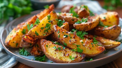 A plate of baked garlic parmesan potato wedges with parsley - obrazy, fototapety, plakaty