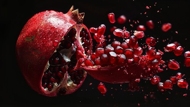 A juicy pomegranate being opened, with seeds bursting out