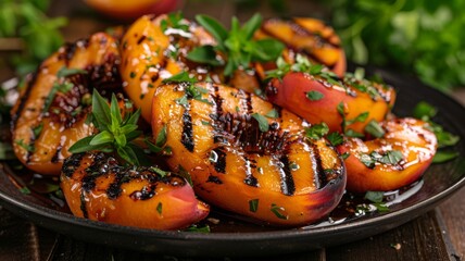 A plate of grilled peaches with honey and cinnamon