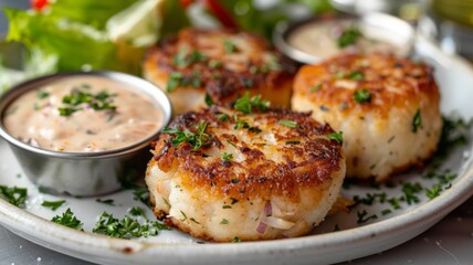 A plate of Maryland crab cakes with a side of remoulade sauce - obrazy, fototapety, plakaty