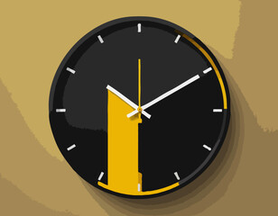 Icône d’horloge dans un style plat, minuterie 3D noire sur fond jaune. Veille économique. Élément de conception de vecteur de volume pour votre projet