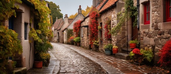 Fototapeta na wymiar A charming cobblestone street in a small town, lined with houses adorned with colorful flowers and surrounded by lush green trees and grass in a quaint neighborhood