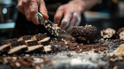 A luxurious truffle being sliced, with a sprinkle of truffle shavings