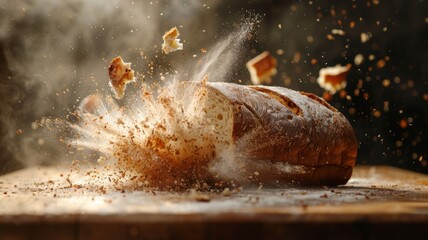 A loaf of bread being torn apart, with crumbs exploding outward