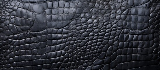 A close up image of a black crocodile skin texture, showcasing its intricate pattern and resemblance to other textures like wood, metal, and denim