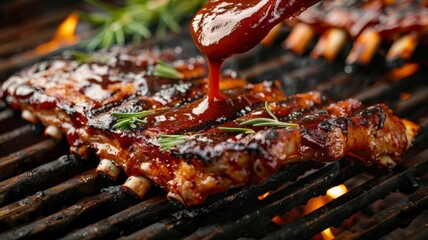 A splash of tangy barbecue sauce being brushed onto grilled ribs - obrazy, fototapety, plakaty